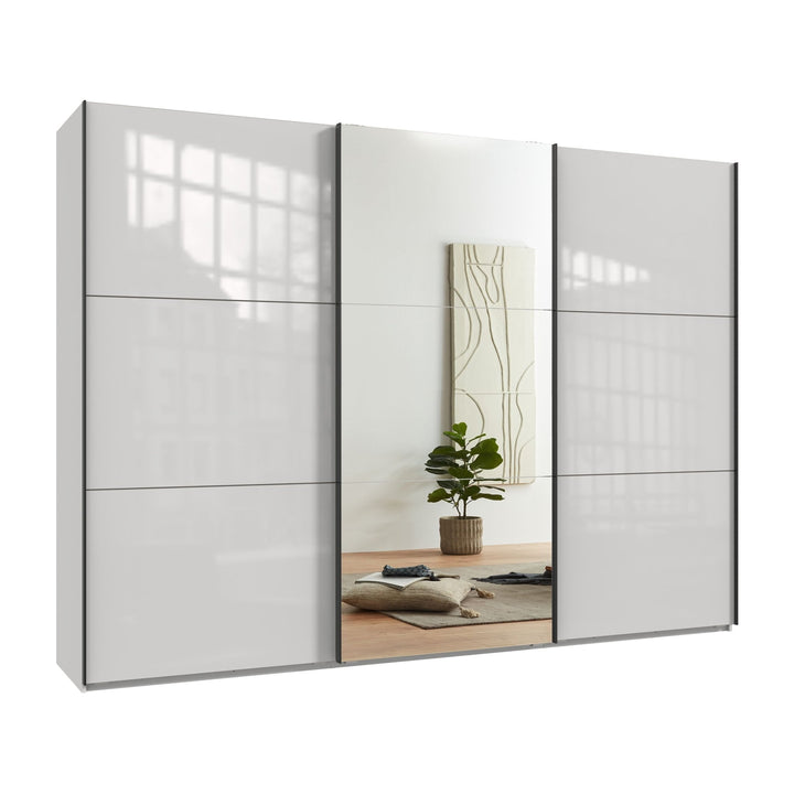 Schwebetürenschrank Kleiderschrank 3-türig B300/H216/T65 cm in Weiß mit Glasfront und Spiegel inkl. Vollausstattung