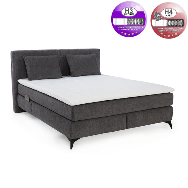 Boxspringbett 160/200 cm, 7-Zonen-Tonnentaschen-Federkernmatratzen H3+H4, Topper, Bonell-Federkern,Beleucht.,USB-Ladeports, Chenille Dunkelgrau