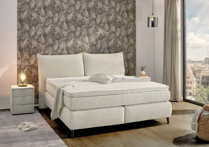 Boxspringbett 180x200 cm, Kopfteil m.Keder, 7-Zonen-Tonnentaschen-Federkernmatratzen H3+H4, Topper, Bonell-Federkern, Flachgewebe Beige Grau