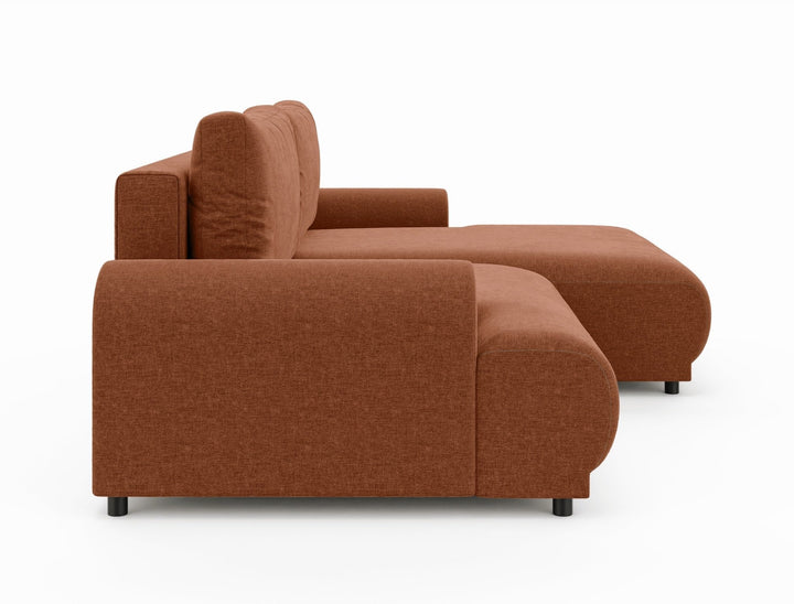 Ecksofa mit Schlaffunktion, Bettkasten, extrabreite Ottomane rechts, Chenille Terracotta / 21023