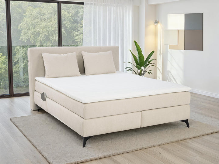 Boxspringbett 160x200 cm, 7-Zonen-Tonnentaschen-Federkernmatratzen H3+H4, Topper, Bonell-Federkern, Beleuchtung, USB-Ladeports, Chenille Beige