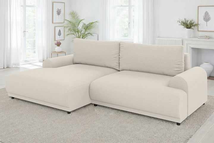 Ecksofa mit Schlaffunktion, Bettkasten, extrabreite Ottomane links, Strukturstoff Beige / 21032