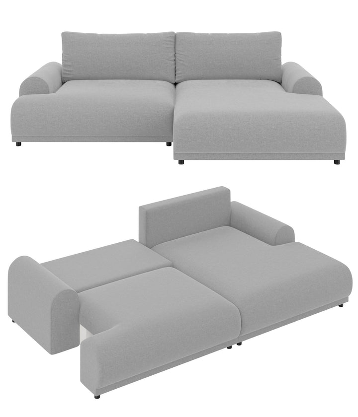 Ecksofa mit Schlaffunktion, Bettkasten, extrabreite Ottomane rechts, Chenille Hellgrau / 21025