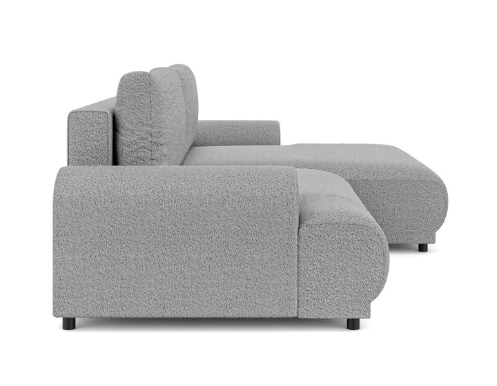 Ecksofa mit Schlaffunktion, Bettkasten, extrabreite Ottomane rechts, Bouclé Grau / 21029
