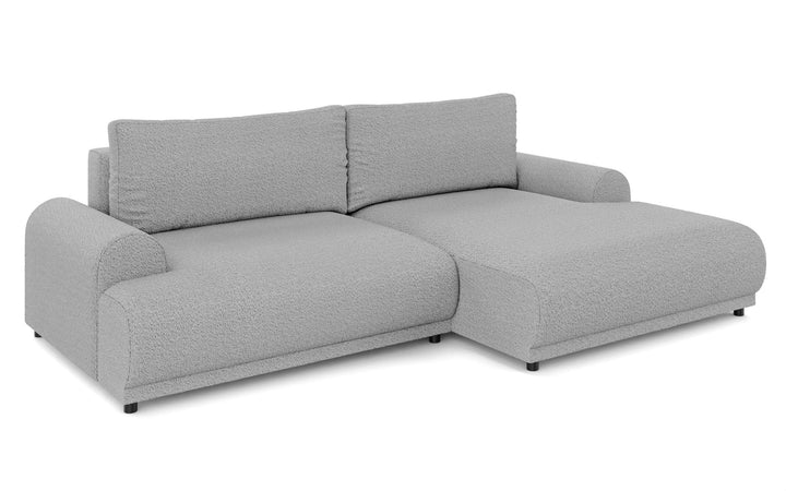 Ecksofa mit Schlaffunktion, Bettkasten, extrabreite Ottomane rechts, Bouclé Grau / 21029