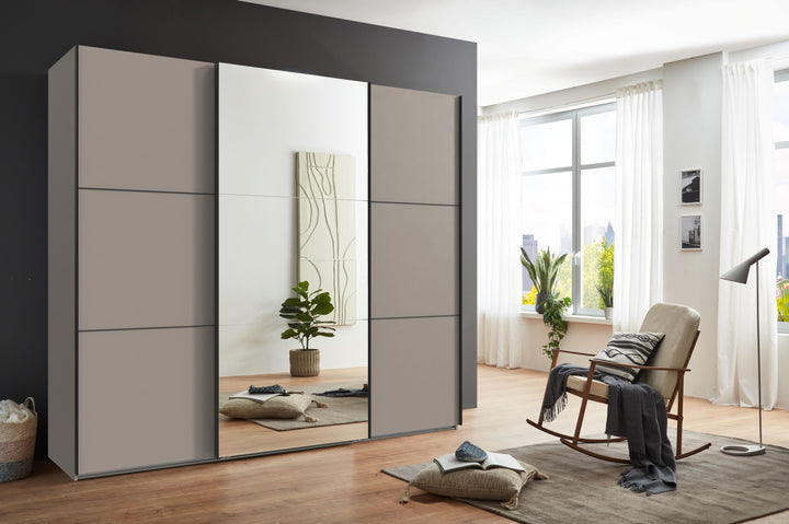 Schwebetürenschrank Kleiderschrank 3-türig B250/H216/T65 cm inkl. Vollausstattung in Sand Grau mit Spiegel