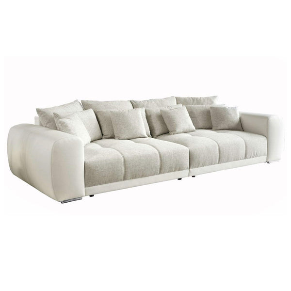 BIG-SOFA Federkern 306/134/86 cm, Liegefläche 120/240 cm, Korpus Kunstleder Weiß+Bezug Web-Strukturstoff Grau Beige / 15113