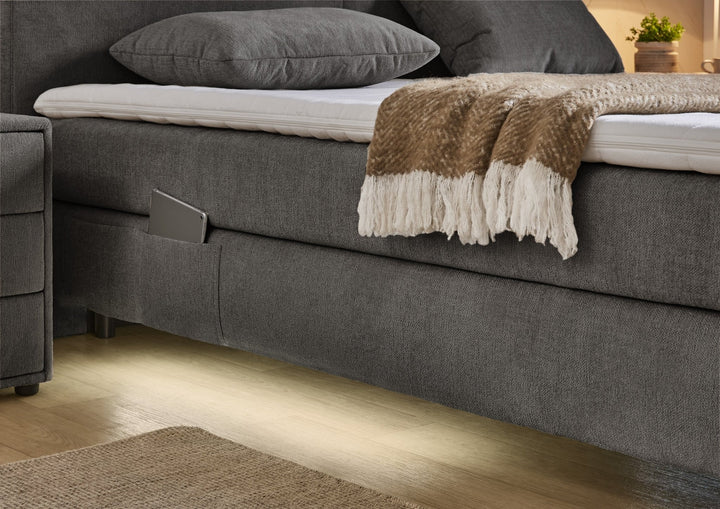 Boxspringbett 160/200 cm, 7-Zonen-Tonnentaschen-Federkernmatratzen H4, Topper, Bonell-Federkern, Beleuchtung,USB-Ladeports, Chenille Dunkelgrau