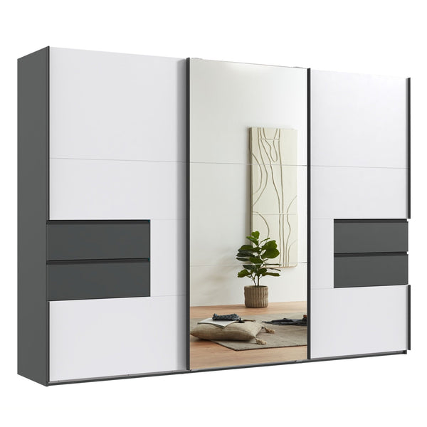 SCHWEBETÜRENSCHRANK B300/H216/T65 cm, Korpus+Schubladen Grafit, Türen Weiß / Spiegel, inkl. Vollausstattung / 22054