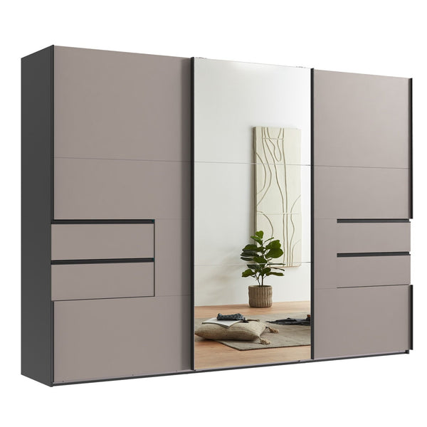 SCHWEBETÜRENSCHRANK B300/H216/T65 cm, Korpus+Schubladen Grafit, Türen Sand Grau / Spiegel, inkl. Vollausstattung / 22057