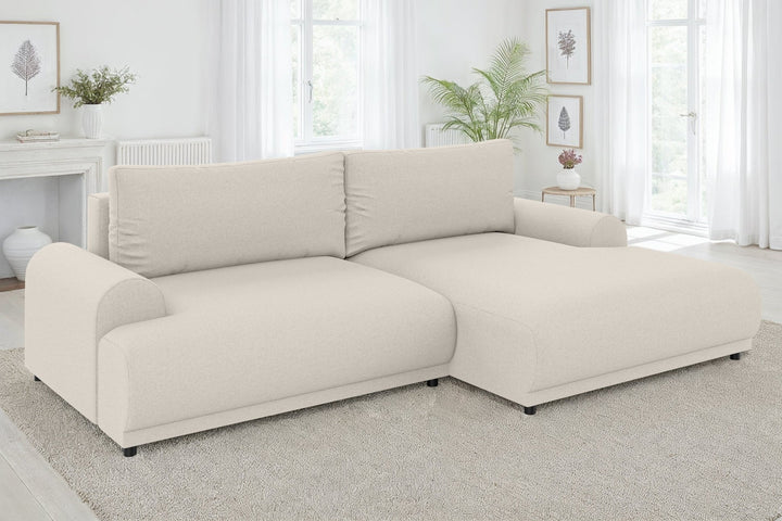 Ecksofa mit Schlaffunktion, Bettkasten, extrabreite Ottomane rechts, Strukturstoff Beige / 21031