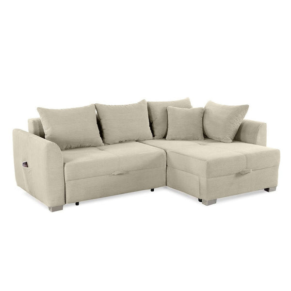 ECKSOFA mit Schlaffunktion und Bettkasten, seitenverkehrt montierbar 236/160/81 cm, Cord Grau Beige / 15201