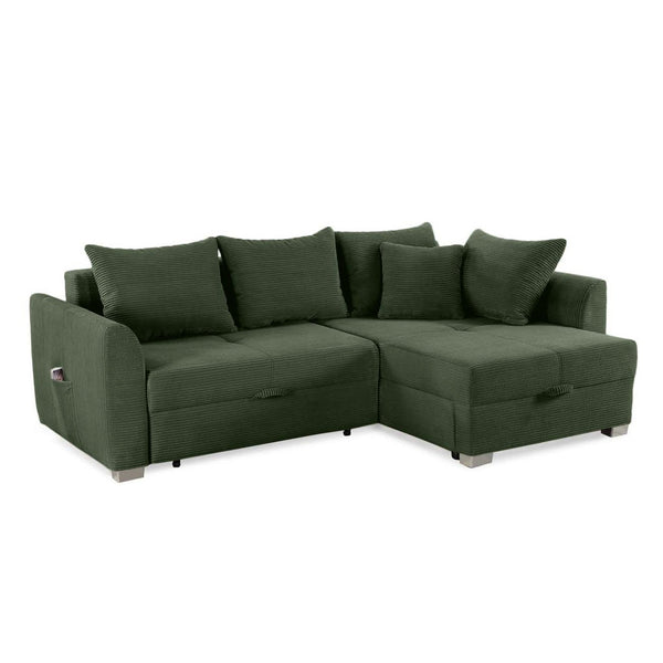 ECKSOFA mit Schlaffunktion und Bettkasten, seitenverkehrt montierbar 236/160/81 cm, Cord Grün  / 15207