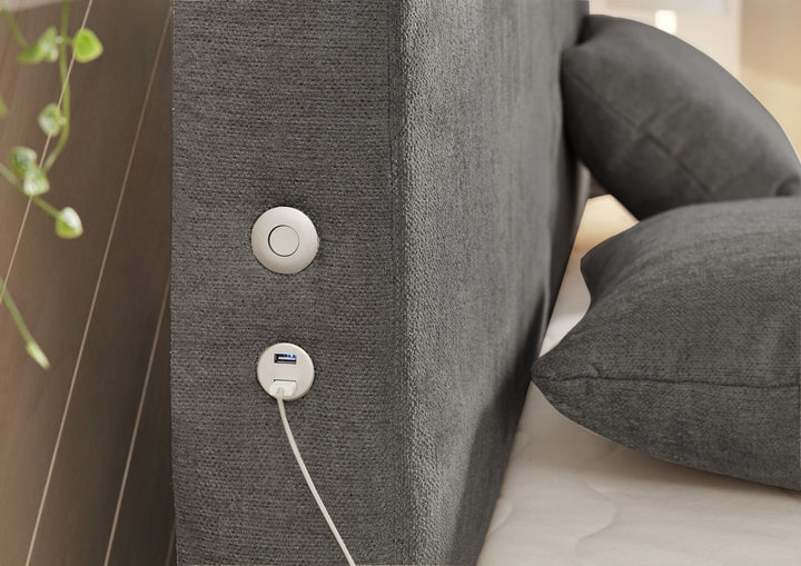 Boxspringbett 180x200 cm, 7-Zonen-Tonnentaschen-Federkernmatratzen H3+H4, Topper,Bonell-Federkern,Beleuchtung,USB-Ladeports, Chenille Dunkelgrau