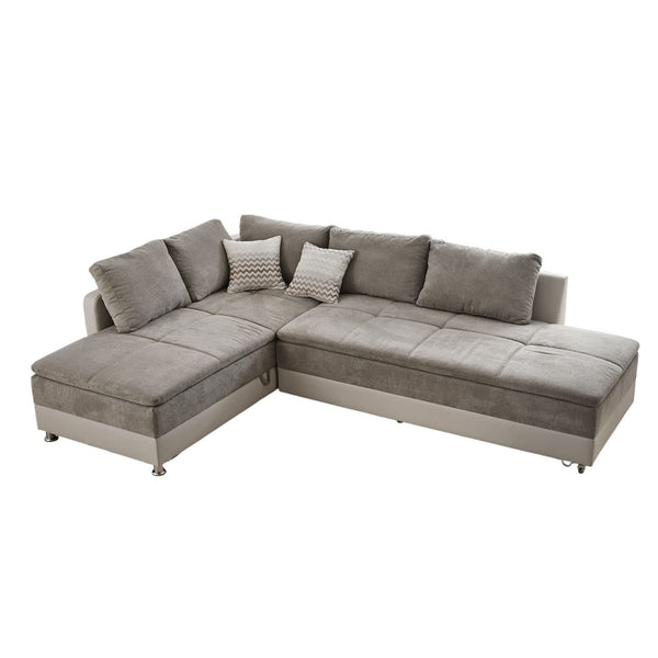 ECKSOFA-DAUERSCHLÄFER Doppelbett Boxspring Federkern Topper, Schwenkteil rechts 306/223/95 cm, Kunstleder Beige+Mikrofaser Grau Braun / 15102