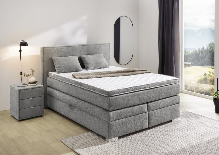 Boxspringbett 140x200 cm, 7-Zonen-Tonnentaschen-Federkernmatratze H4, Topper, Bonell-Federkern, 2 große Bettkästen, Chenille Grau