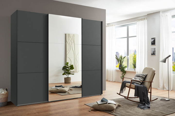 Schwebetürenschrank Kleiderschrank 3-türig B250/H216/T65 cm inkl. Vollausstattung in Anthrazit mit Spiegel
