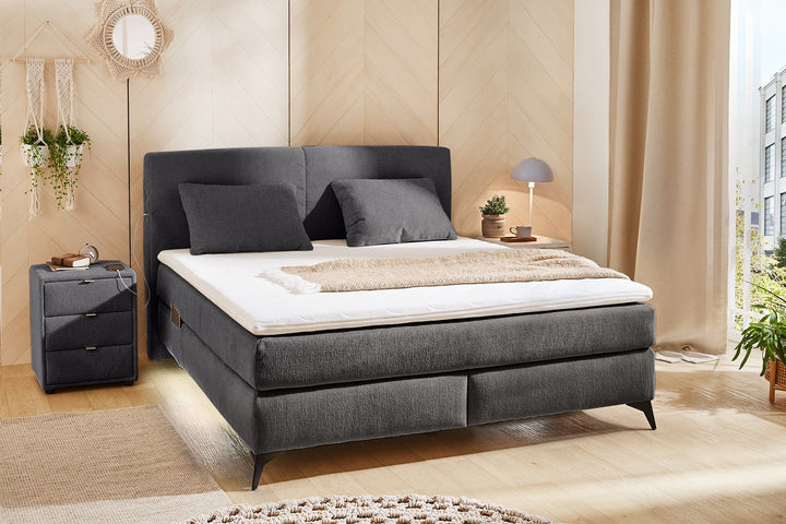 Boxspringbett 160/200 cm, 7-Zonen-Tonnentaschen-Federkernmatratzen H4, Topper, Bonell-Federkern, Beleuchtung,USB-Ladeports, Chenille Dunkelgrau