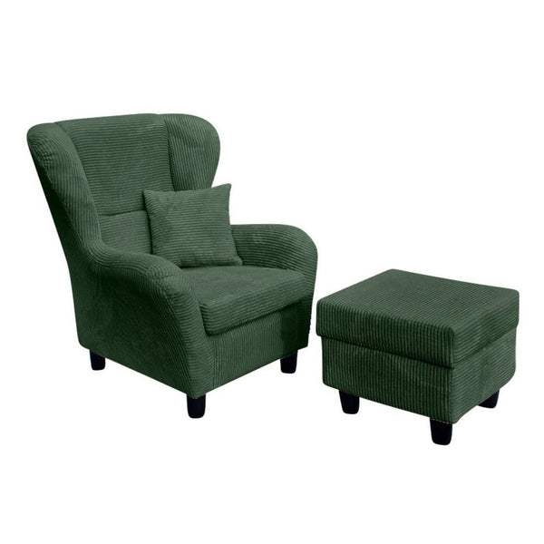 Ohrensessel mit Hocker im modernem Landhausstil, Lesesessel mit hohem Sitzkomfort durch Wellenunterfederung, bequemer Polstersessel in Cord Grün