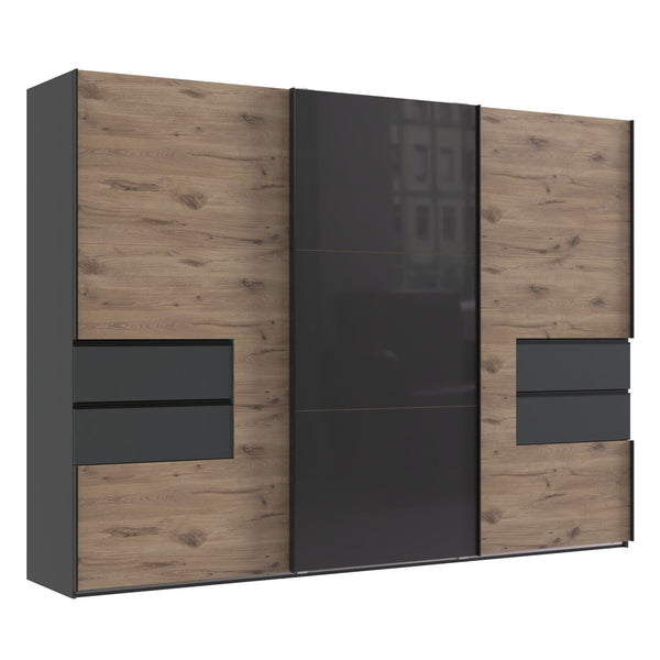 SCHWEBETÜRENSCHRANK B300/H216/T65 cm, Korpus+Schubladen Grafit, Türen eichefarben / Glas Grau, inkl. Vollausstattung / 22056