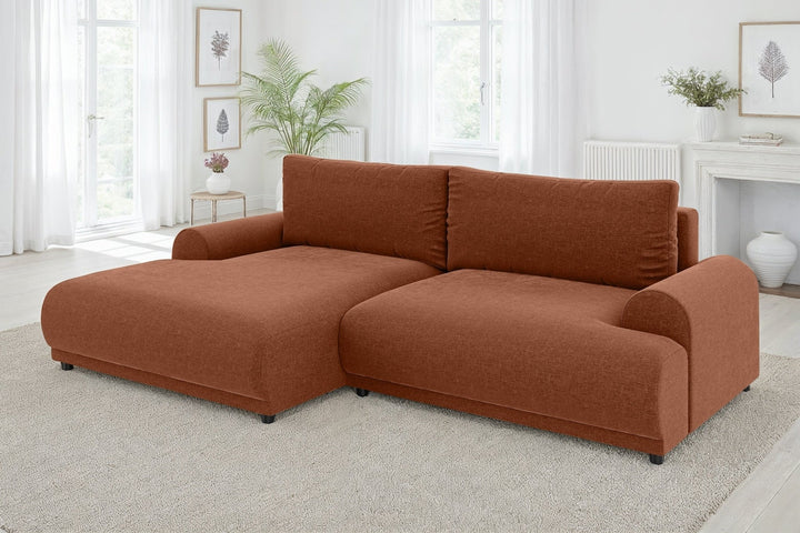 Ecksofa mit Schlaffunktion, Bettkasten, extrabreite Ottomane links, Chenille Terracotta / 21024
