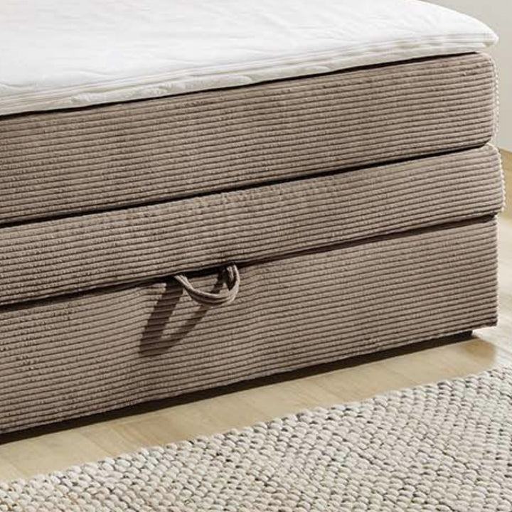 Boxspringbett 140x200 cm, 7-Zonen-Tonnentaschen-Federkernmatratze H3, Topper, Bonell-Federkern, großer Bettkasten, Cord Braun Taupe