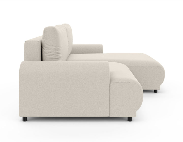Ecksofa mit Schlaffunktion, Bettkasten, extrabreite Ottomane rechts, Strukturstoff Beige / 21031