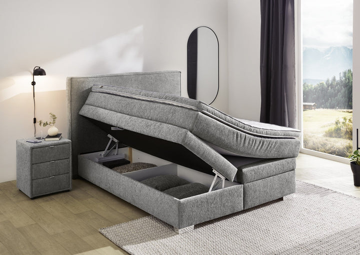 Boxspringbett 140x200 cm, 7-Zonen-Tonnentaschen-Federkernmatratze H4, Topper, Bonell-Federkern, 2 große Bettkästen, Chenille Grau