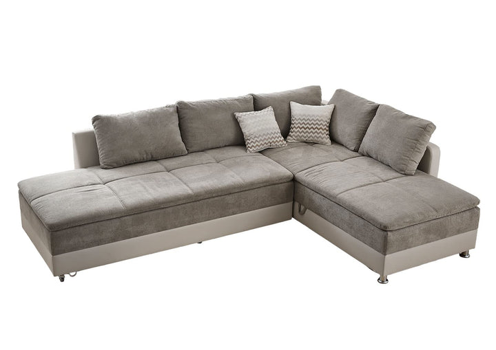 Ecksofa-Dauerschläfer Doppelbett Boxspring 7-Zonen-Tonnentaschenfederkern Topper, Schwenkteil links, Kunstleder Beige u. Mikrofaser Grau Braun